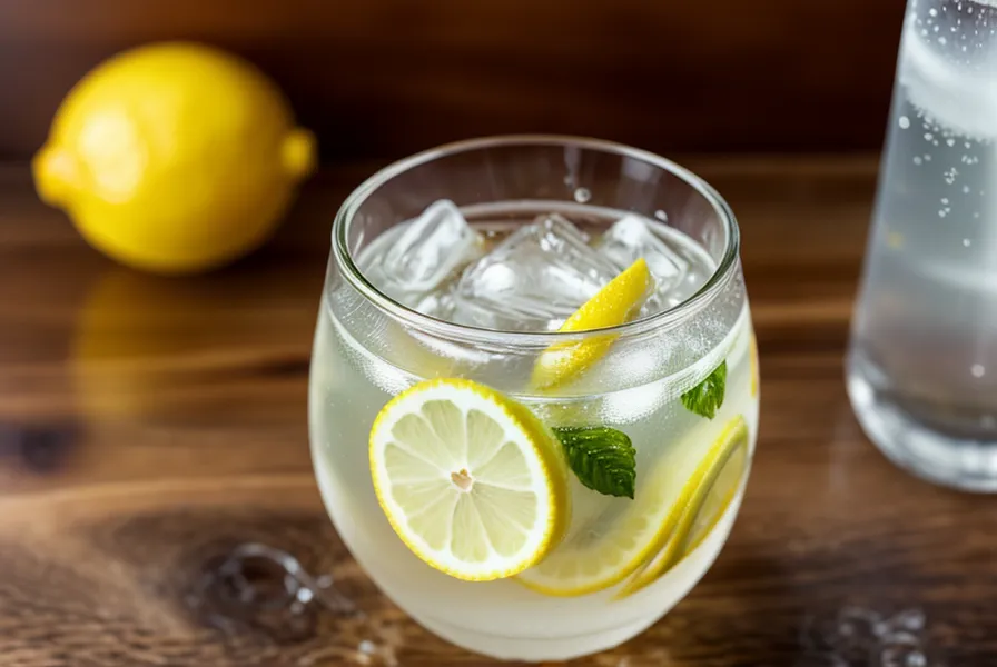 Ein Glas Mineralwasser mit Kohlensäure, Eis und Zitrone mit sichtbarem Kondenswasser.