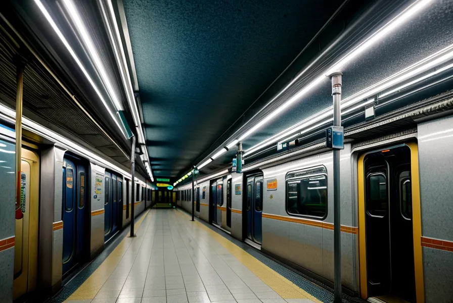Die U-Bahn-Station Westfriedhof in München bei Nacht mit verschwommenen Lichtern.